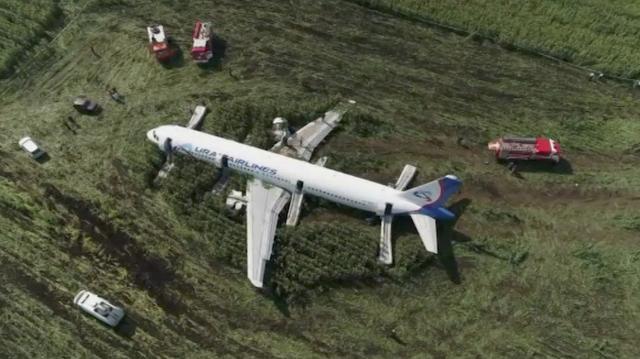 A still image, taken from a drone video footage, shows the Ural Airlines Airbus 321 passenger plane following an emergency landing in a field near Zhukovsky International Airport in Moscow Region, Russia August 15, 2019. Moscow News Agency/Handout via REUTERS  