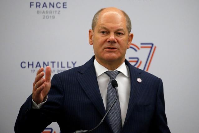 FILE PHOTO: German Finance Minister Olaf Scholz speaks during a news conference at the G7 finance ministers and central bank governors meeting in Chantilly, near Paris, France, July 18, 2019.  REUTERS/Pascal Rossignol/File Photo