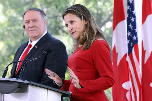 Canada's Foreign Minister Chrystia Freeland speaks during a news conference with U.S. Secretary of State Mike Pompeo in Ottawa, Ontario, Canada, August 22, 2019. REUTERS/Chris Wattie