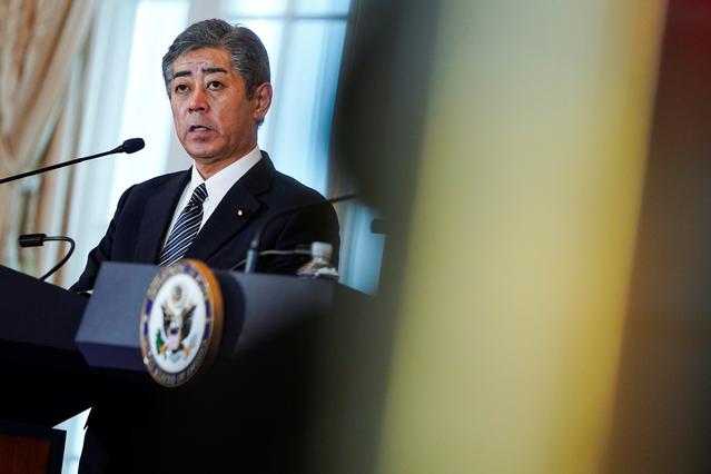 FILE PHOTO: Japanese Defense Minister Takeshi Iwaya speaks to the media at the State Department in Washington, U.S., April 19, 2019.      REUTERS/Joshua Roberts