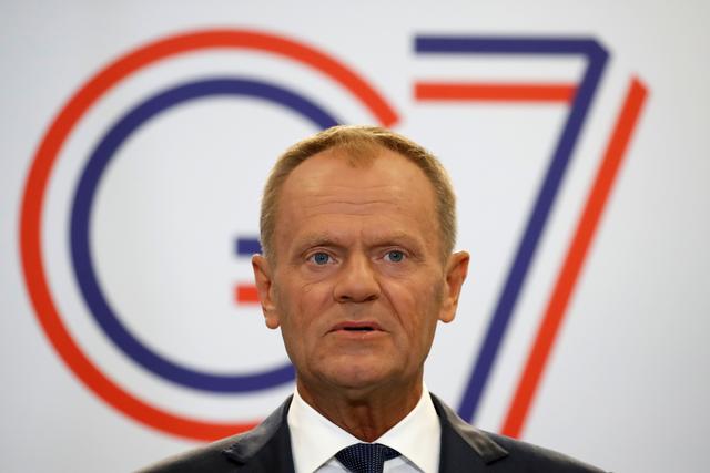 European Council President Donald Tusk speaks during a news conference on the margins of the G7 summit in Biarritz, France, August 24, 2019.  REUTERS/Christian Hartmann