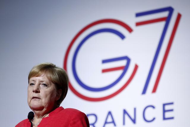 German Chancellor Angela Merkel speaks during a news conference on the situation in Sahel during the G7 summit in Biarritz, France, August 25, 2019. Ian Langsdon/Pool via REUTERS
