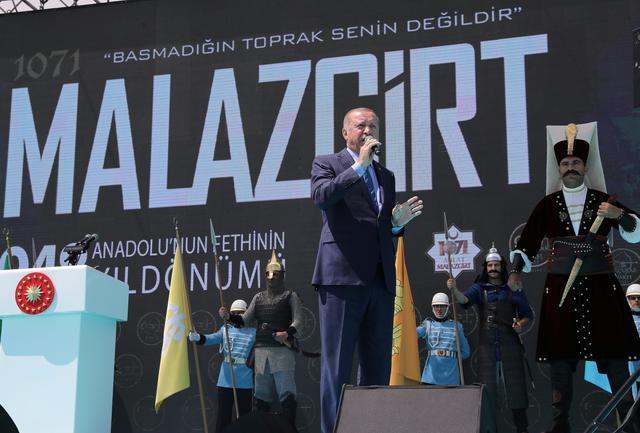 Turkish President Tayyip Erdogan speaks during a ceremony in Malazgirt in Mus province, Turkey, August 26, 2019. Cem Oksuz/Presidential Press Office/Handout via REUTERS 