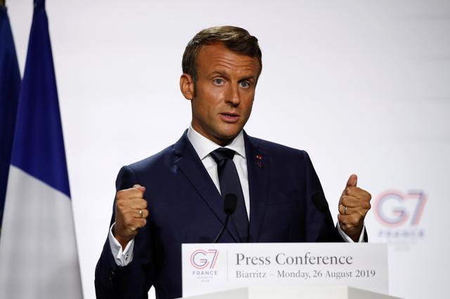 French President Emmanuel Macron attends a press conference during the G7 summit  in Biarritz, France, August 26, 2019. Francois Mori/Pool via REUTERS