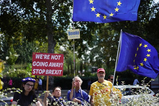 Anti-Brexit protesters hold placards and flags of the European Union outside the Houses of the Parliament in London, Britain August 28, 2019. REUTERS/Henry Nicholls