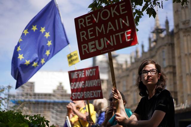 An anti-Brexit protestor holds a sign outside the Houses of the Parliament in London, Britain August 28, 2019. REUTERS/Henry Nicholls