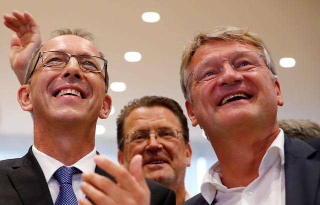 Alternative for Germany (AfD) party leader Joerg Meuthen and AfD's top candidate for the Saxony election Joerg Urban react after the announcement of first exit polls for the Saxony state election in Dresden, Germany, September 1, 2019. REUTERS/Wolfgang Rattay