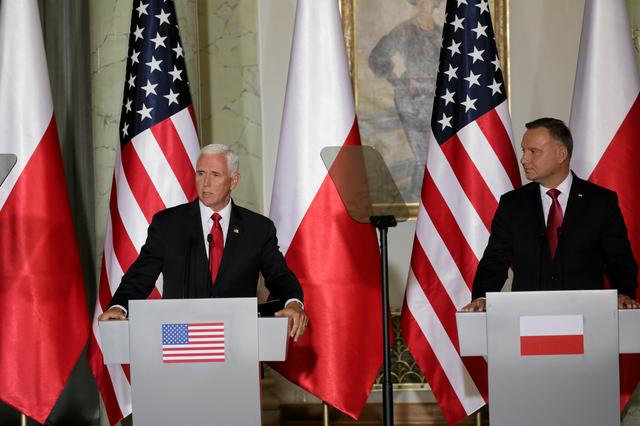 Polish President Andrzej Duda and U.S. Vice President Mike Pence speak during a press conference in Warsaw, Poland September 2, 2019. Slawomir Kaminski/Agencja Gazeta via REUTERS 