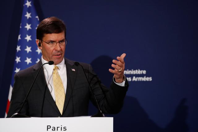 U.S. Defense Secretary Mark Esper holds a news conference with French Defense Minister Florence Parly (not pictured) at the residence of French Defense Minister in Paris, France, September 7, 2019. REUTERS/Christian Hartmann