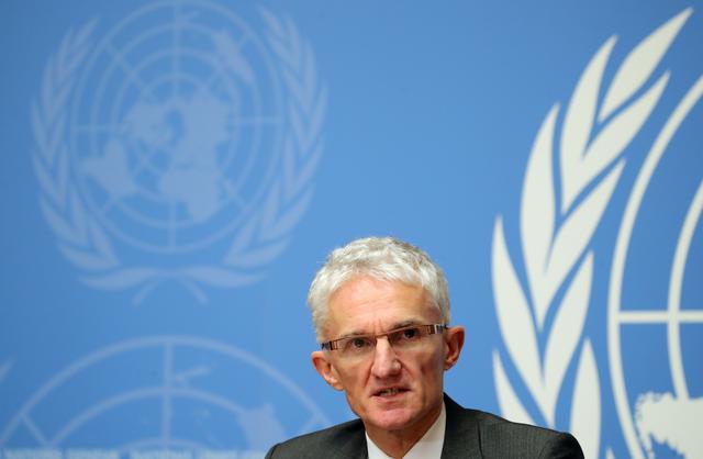 U. N. Under-Secretary-General for Humanitarian Affairs and Emergency Relief Coordinator (OCHA) Mark Lowcock attends a news conference for the launch of the Global Humanitarian Overview 2019 at the United Nations in Geneva, Switzerland, Decemer 4, 2018.  REUTERS/Denis Balibouse