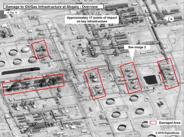 A satellite image showing damage to oil/gas Saudi Aramco infrastructure at Abqaiq, in Saudi Arabia in this handout picture released by the U.S Government September 15, 2019.  U.S. Government/DigitalGlobe/Handout via REUTERS  