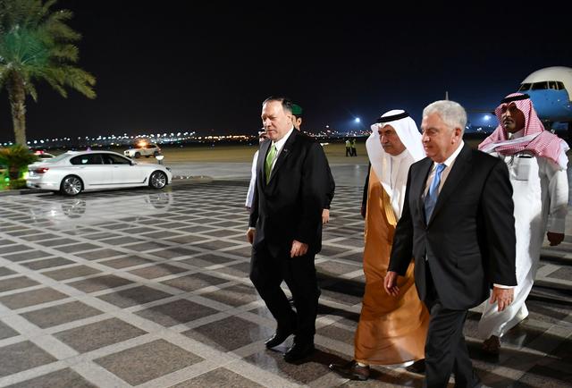 U.S. Secretary of State Mike Pompeo walks after stepping off his plane upon arrival at King Abdulaziz International Airport in Jeddah, Saudi Arabia, September 18, 2019. Mandel Ngan/Pool via REUTERS
