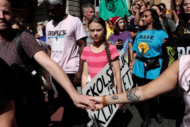 Sixteen year-old Swedish climate activist Greta Thunberg takes part in a demonstration as part of the Global Climate Strike in lower Manhattan in New York, U.S., September 20, 2019. REUTERS/Shannon Stapleton