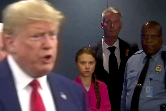 Swedish environmental activist Greta Thunberg watches as U.S. President Donald Trump enters the United Nations to speak with reporters in a still image from video taken in New York City, U.S. September 23, 2019.  REUTERS/Andrew Hofstetter  