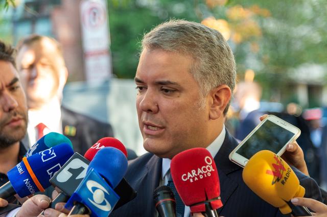 Colombia's President Ivan Duque announces the death of Luis Antonio Quintero, leader of the crime gang Los Pelusos, during statements to journalists in Washington, U.S., September 27, 2019. Courtesy of Colombian Presidency/Handout via REUTERS 