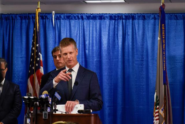 David L. Anderson, U.S. Attorney for the Northern District of California and John F. Bennett, FBI Special Agent in Charge announce that naturalized U.S. citizen Xuehua Peng, also known as Edward Peng, 56, was charged with working as an agent of the Chinese government, during a news conference in San Francisco, California, U.S. September 30, 2019.  REUTERS/Kate Munsch