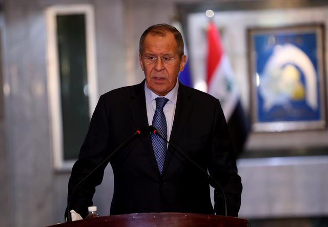 Russian Foreign Minister Sergei Lavrov speaks during a news conference with Iraq's Foreign Minister Mohammed Ali al-Hakim in Baghdad, Iraq October 7, 2019. REUTERS/Stringer