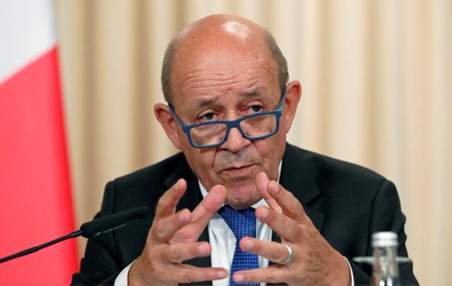FILE PHOTO: French Foreign Minister Jean-Yves Le Drian gestures as he speaks after a meeting of the Russian-French Security Cooperation Council in Moscow, Russia, September 9, 2019.  REUTERS/Shamil Zhumatov/File Photo