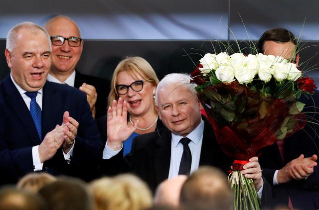 Poland's ruling party Law and Justice (PiS) leader Jaroslaw Kaczynski waves after the exit poll results are announced in Warsaw, Poland, October 13, 2019. REUTERS/Kacper Pempel