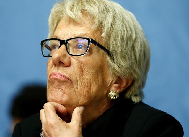 FILE PHOTO: Carla del Ponte, member of the Independent Commission of Inquiry on the Syrian Arab Republic attends a news conference into events in Aleppo at the United Nations in Geneva, Switzerland, March 1, 2017. REUTERS/Denis Balibouse/File Photo