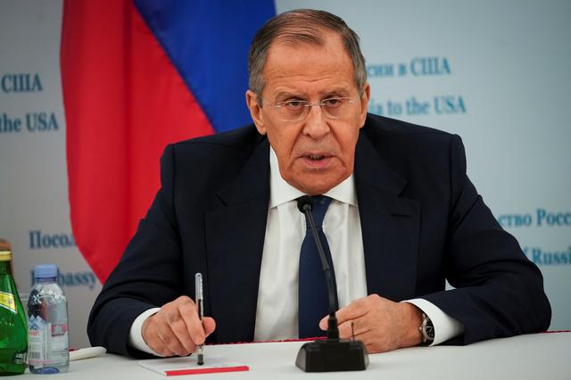 FILE PHOTO: Russian Foreign Minister Sergei Lavrov speaks during a news conference at the Russian Embassy in Washington, U.S., December 10, 2019. REUTERS/Al Drago/File Photo