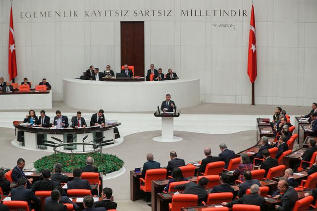 Ismet Yilmaz, head of the parliament's national defence committee from the ruling AK Party, addresses lawmakers at the Turkish Parliament in Ankara, Turkey, January 2, 2020. REUTERS/Stringer NO RESALES. NO ARCHIVES