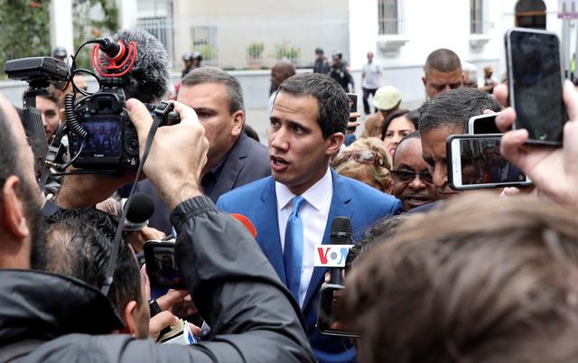 Venezuelan opposition leader Juan Guaido, who many nations have recognised as the country's rightful interim ruler, speaks to reporters outside Venezuela's National Assembly building in Caracas in Caracas, Venezuela January 5, 2020. REUTERS/Fausto Torrealba