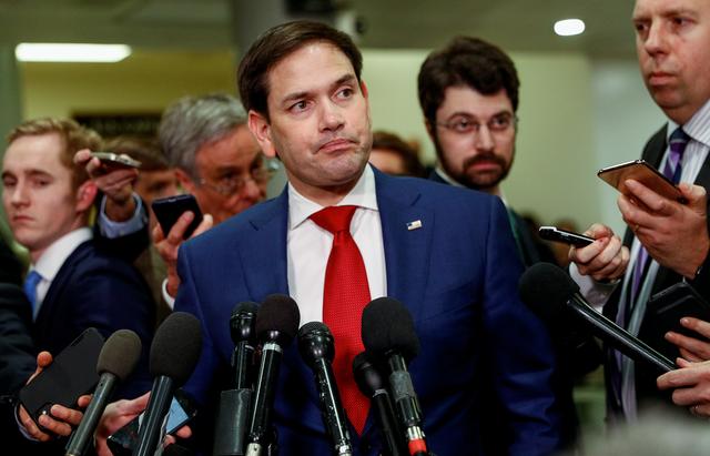 U.S. Senator Marco Rubio (R-FL) talks to reporters following a classified national security briefing of the U.S. Senate on developments with Iran after attacks by Iran on U.S. forces in Iraq, at the U.S. Capitol in Washington, U.S., January 8, 2020. REUTERS/Tom Brenner