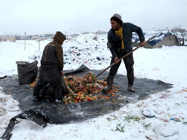 Afghan men upload recycle items on sacks during a snowfall in Kabul, Afghanistan January 12, 2020.  REUTERS/Omar Sobhani