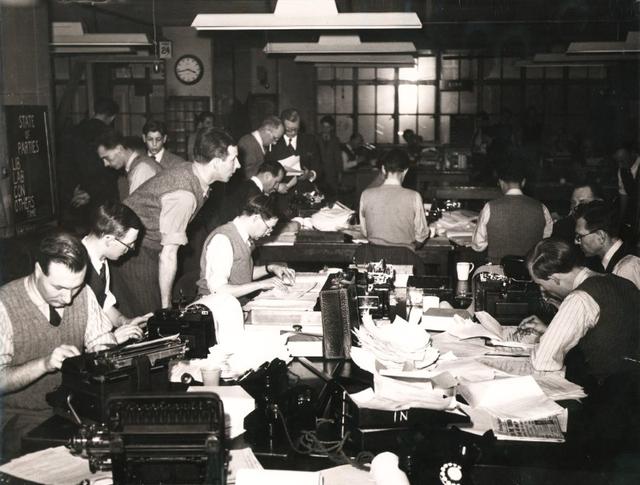  A file photo from the Reuters archive shows journalists in the Reuters Newsroom at 85 Fleet Street, London, during the British General Election of 1950.   REUTERS