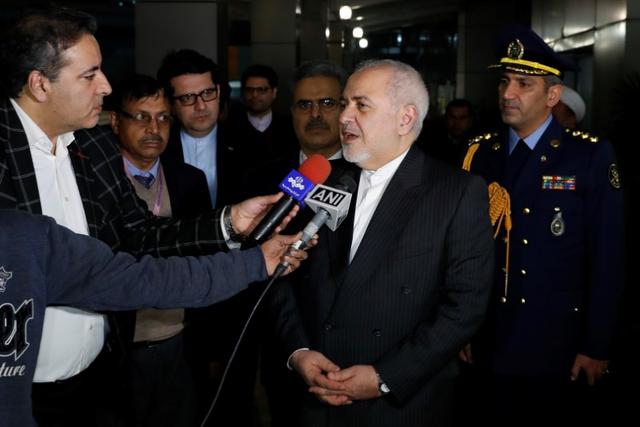 Iranian Foreign Minister Javad Zarif speaks to reporters upon his arrival at the airport in New Delhi, India, January 14, 2020. REUTERS/Adnan Abidi