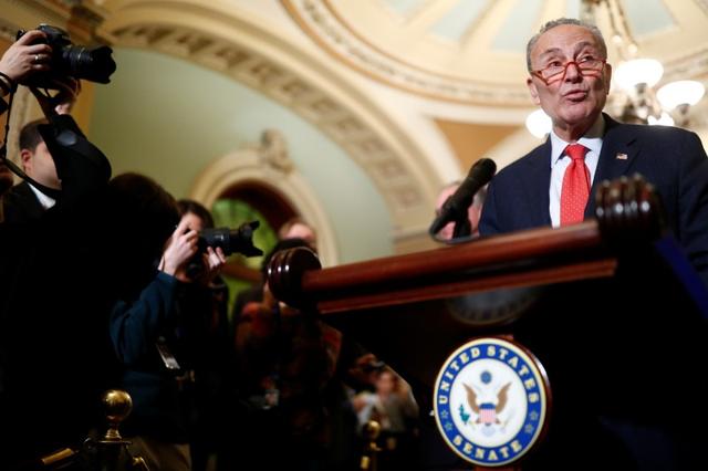 Senate Minority Leader Chuck Schumer (D-NY) speaks to Capitol Hill reporters following the weekly Senate Democratic policy lunch at the U.S. Capitol in Washington, U.S., January 14, 2020. REUTERS/Tom Brenner
