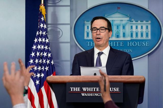 FILE PHOTO: U.S. Treasury Secretary Steve Mnuchin speaks about sanctions against Turkey at a news briefing at the White House in Washington, U.S., October 11, 2019. REUTERS/Yuri Gripas/File Photo