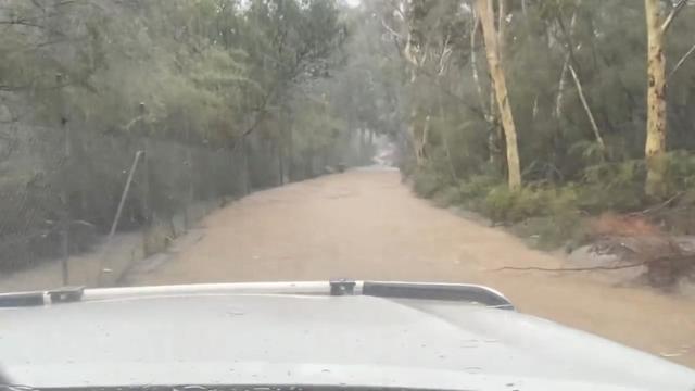 FILE PHOTO: Flooding is seen along a road at the Australian Reptile Park in Somersby, New South Wales in this still frame obtained from January 17, 2020 social media video. AUSTRALIAN REPTILE PARK /via REUTERS  