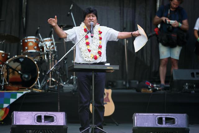 Bolivia's former President Evo Morales delivers a speech during a celebration of Bolivia's Plurinational State Foundation Day, in Buenos Aires, Argentina January 22, 2020. REUTERS/Mariana Greif