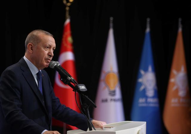Turkish President Tayyip Erdogan addresses his ruling AK Party members in Istanbul, Turkey, February 15, 2020. Murat Cetinmuhurdar/Presidential Press Office/Handout via REUTERS