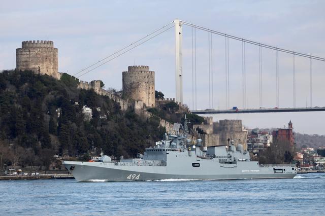 The Russian Navy's frigate Admiral Grigorovich sets sail in the Bosphorus, on its way to the Mediterranean Sea, in Istanbul, Turkey, February 28, 2020. REUTERS/Yoruk Isik