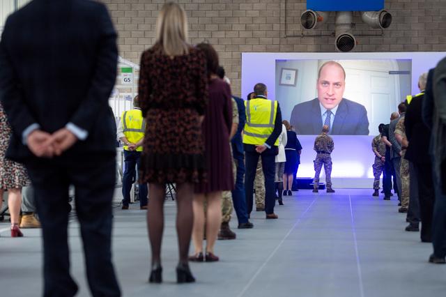 Britain's Prince William speaks via videolink as he officially opens the NHS Nightingale Hospital Birmingham, built in the National Exhibition Centre (NEC), in Birmingham, Britain April 16, 2020. Jacob King/Pool via REUTERS
