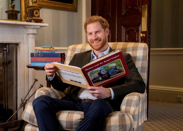 Britain's Prince Harry is pictured during the recording of his on-camera introduction to the new animated special Thomas & Friends: The Royal Engine featuring Britain's Queen Elizabeth and Britain's Prince Charles as a child, in this undated handout obtained by Reuters on April 27, 2020.  MATTEL/Handout via REUTERS 