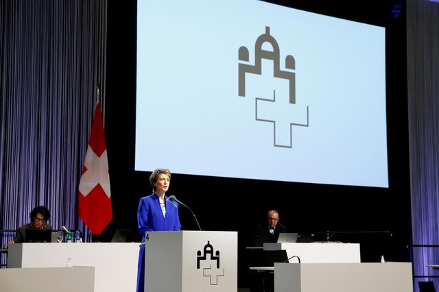 President of the Swiss Confederation Simonetta Sommaruga delivers a speech at the extraordinary session of Swiss Parliament during the coronavirus disease (COVID-19) outbreak in Bern, Switzerland, May 4, 2020. REUTERS/Denis Balibouse