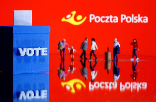 FILE PHOTO: A 3D printed ballot box and toy people figures are seen in front of displayed Poczta Polska (Polish Post Office) logo in this illustration taken May 4, 2020. REUTERS/Dado Ruvic