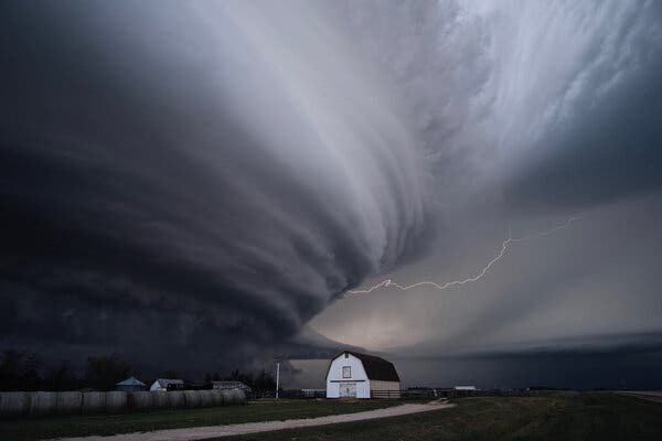 A supercell thunderstorm threatening to engulf a barn near Imperial, Neb., in 2019. Almost all hail is created in supercells, or storms with updrafts of rising air that slowly rotate.