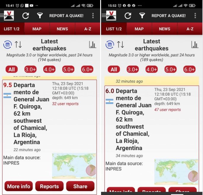 M9.5 earthquake downgraded to M6.0 earthquake in Argentina on September 23 2021 M9.5 earthquake downgraded to M6.0 earthquake in Argentina on September 23 2021