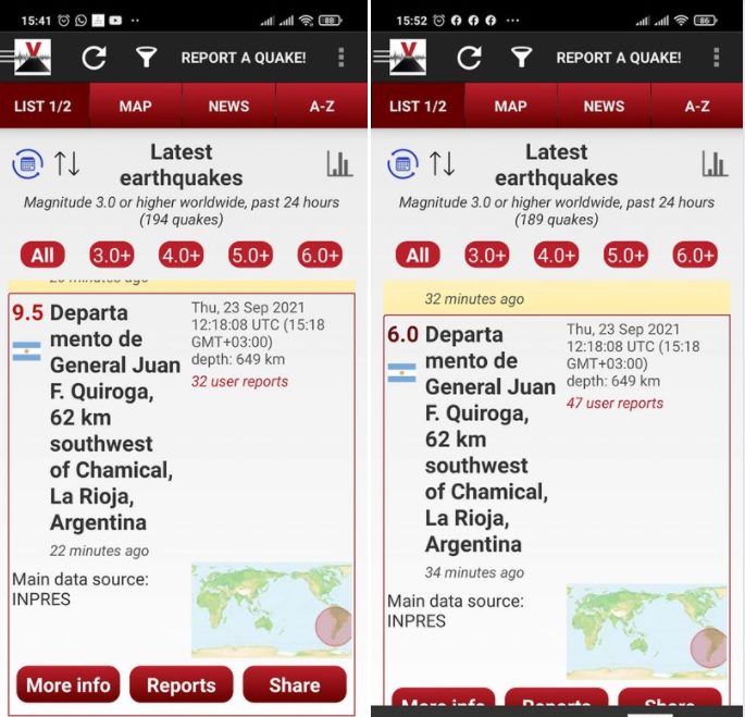 M9.5 earthquake downgraded to M6.0 earthquake in Argentina on September 23 2021