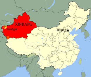 Map of Altishahr (Xinjiang) relative to China