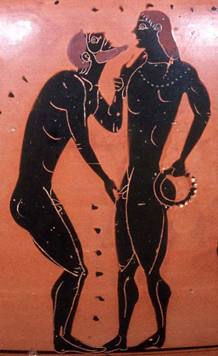 Pederastic scene: erastes (lover) touching chin and genitals of the eromenos (beloved). Side A of an Attic black-figure neck-amphora, circa 540 BC. (CC BY SA 3.0)