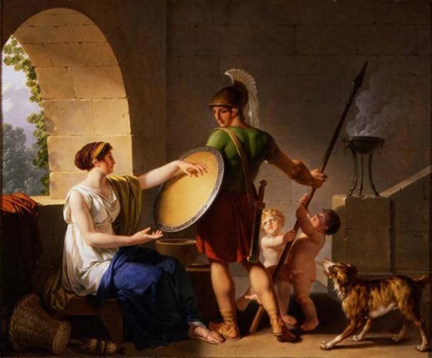 ‘A spartan woman giving a shield to her son’ (1826) by Jean-Jacques-François Le Barbier. (Public Domain)