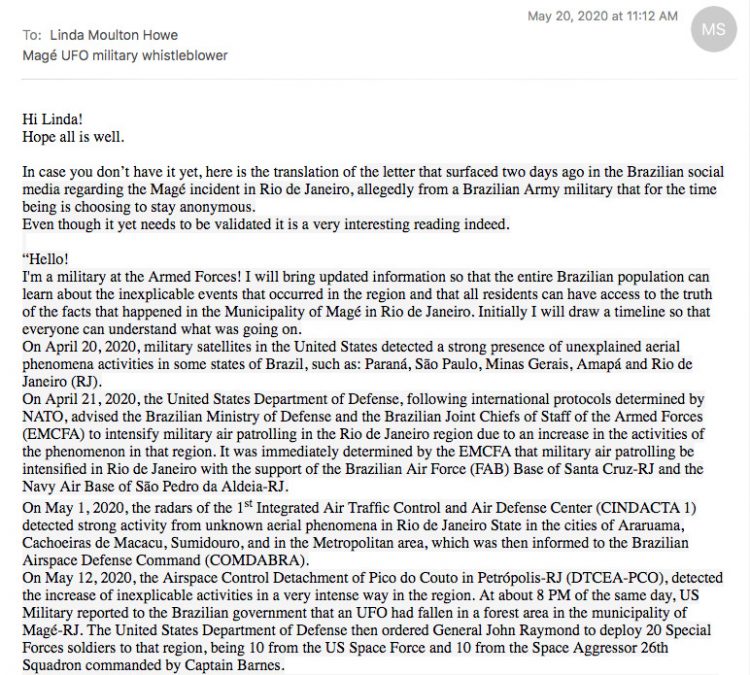Page 1, Alleged Brazilian Military Whistleblower about downed UFO with 3 tall entities in Magé, Brazil, in early morning hours of May 12, 2020. Click to enlarge. Page 1, Alleged Brazilian Military Whistleblower about downed UFO with 3 tall entities in Magé, Brazil, in early morning hours of May 12, 2020. Click to enlarge.