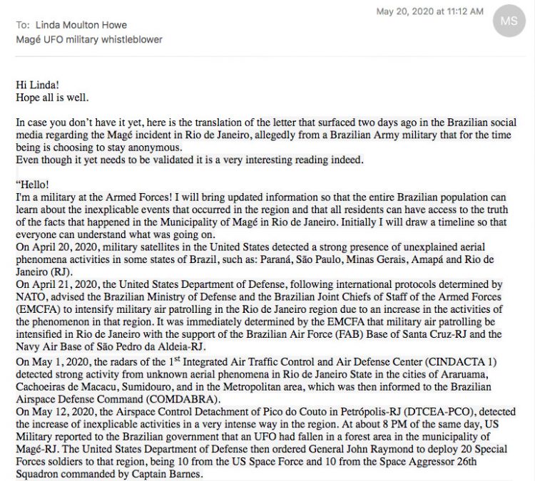 Page 1, Alleged Brazilian Military Whistleblower about downed UFO with 3 tall entities in Magé, Brazil, in early morning hours of May 12, 2020. Click to enlarge.