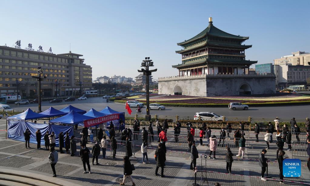 Residents queue up for nucleic acid test at a testing site in Xi'an, northwest China's Shaanxi Province, Dec. 21, 2021.Photo: Xinhua